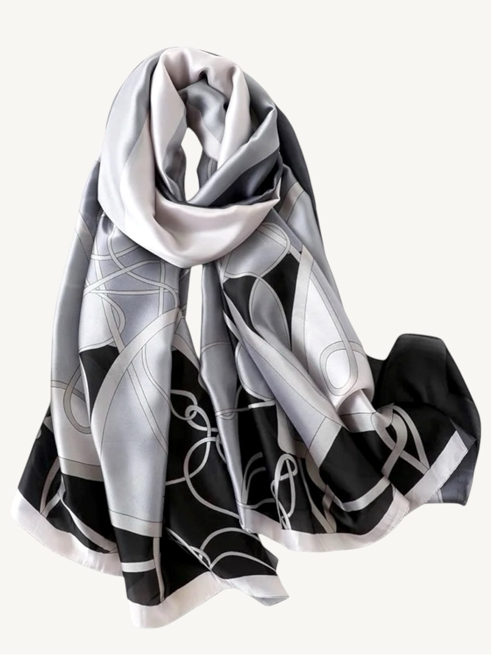 Black & Grey Abstract Silky Satin Scarf Shawl Wrap – Oversized Lightweight